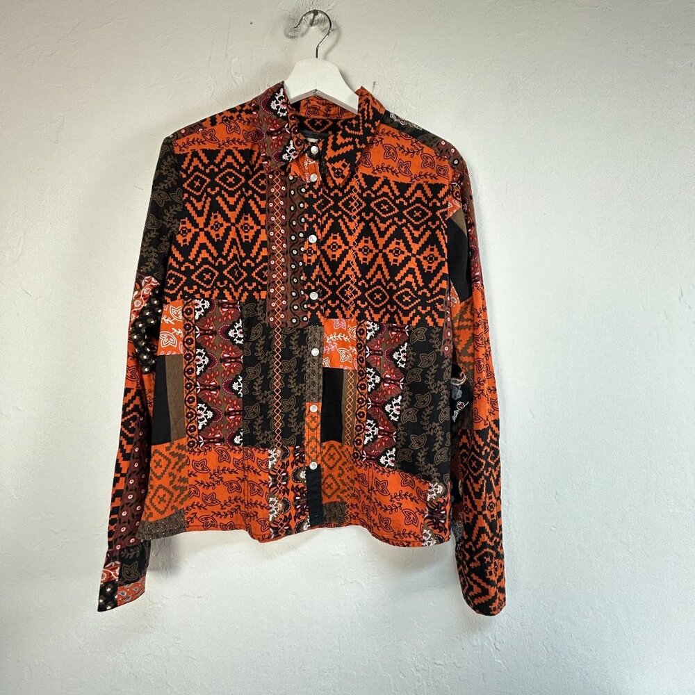 Tom Tailor Womens Patchwork Long Sleeve Cotton Shirt Size 40 Orange Black Casual